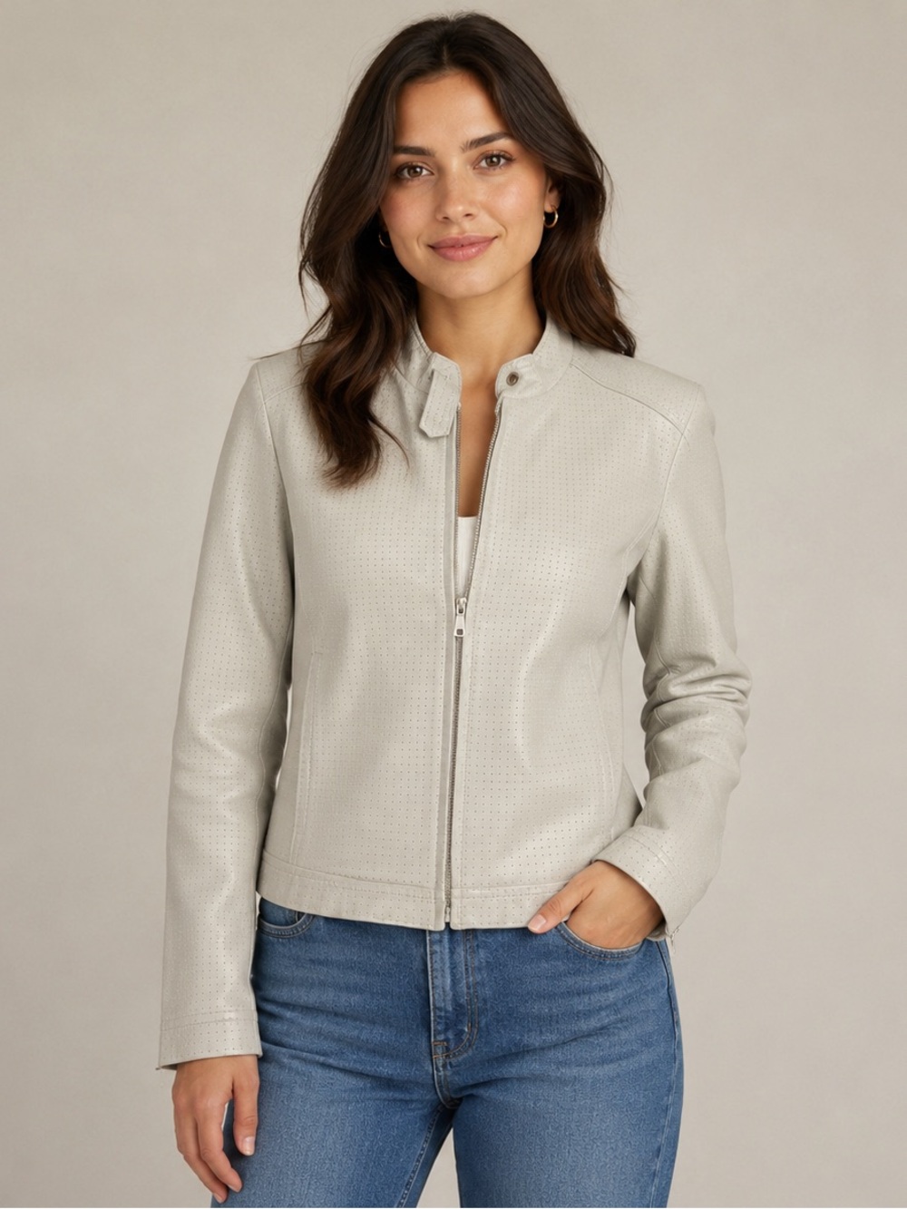 Mexx Women's White Perforated Genuine  leather Zip Front Jacket